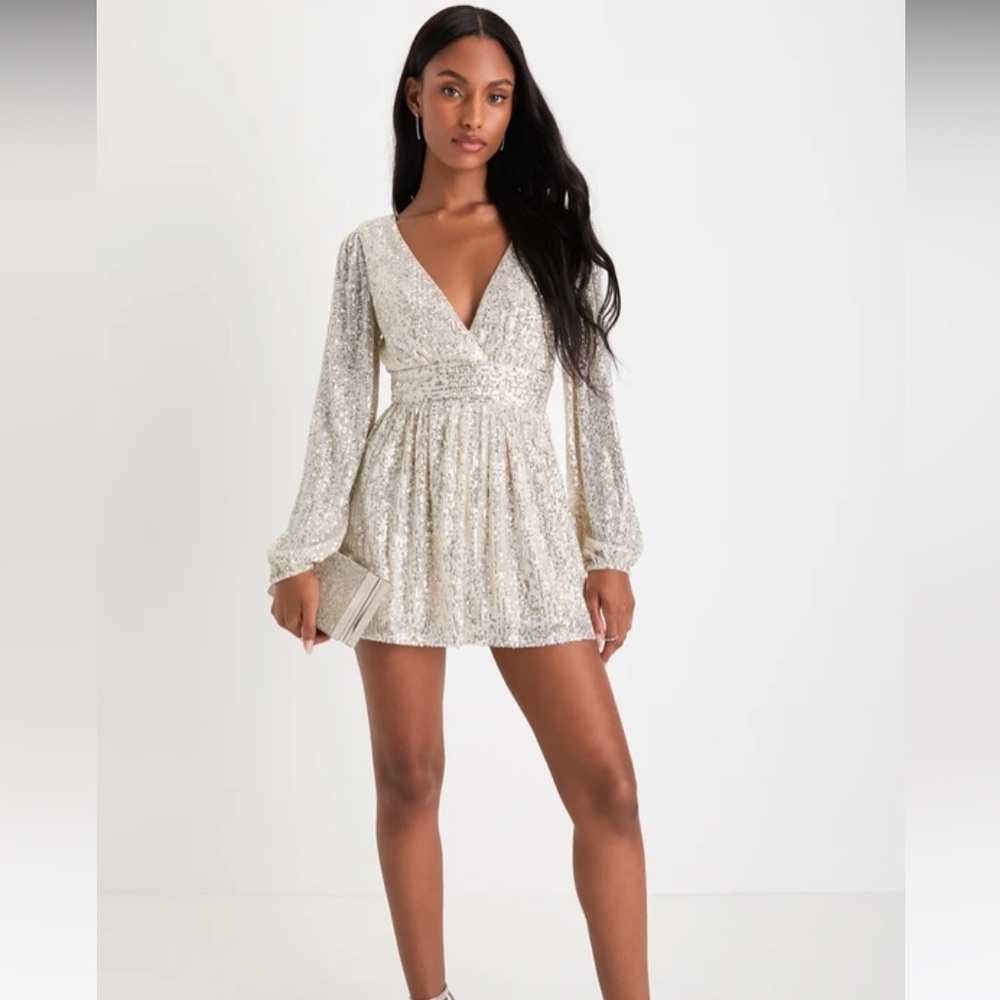 Watch Me Shine Champagne Sequin Plunge Long Sleeve Romper in XS.
